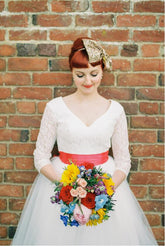 V neck Long Sleeve Tea Length Lace Vintage inspired 1950s Wedding Dress,20101615